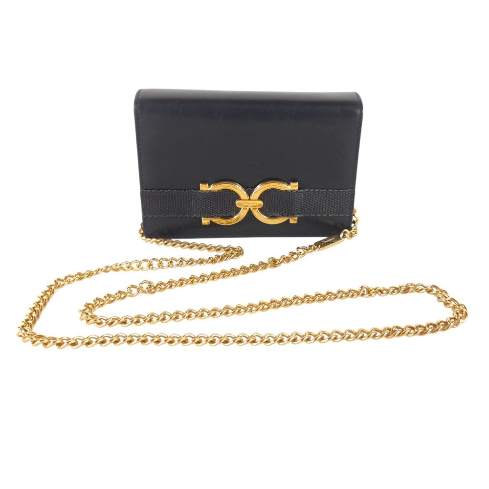Vintage Salvatore Ferragamo Horseshoe Chain Flap Bag OS Women Black Leather Rare